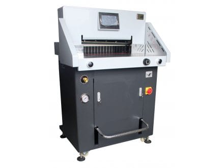 Stack paper cutter for trimming printed materials to size