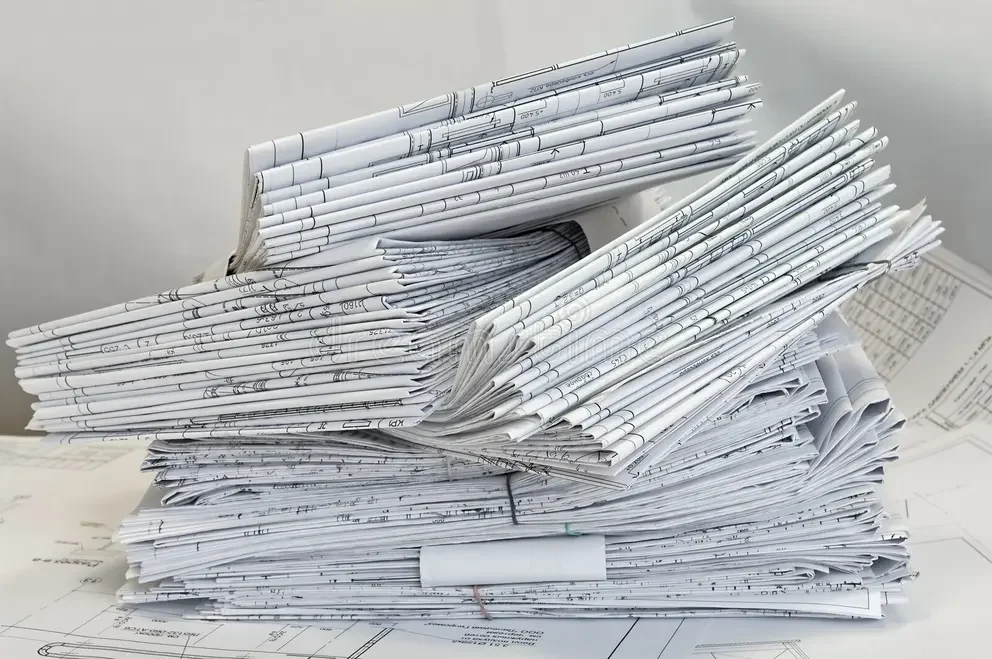 stoh poskládaných technických výkresů projektové dokumentace
