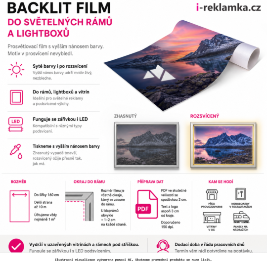 Backlit film for light frames and lightboxes – Variants / advantages – AI visualization