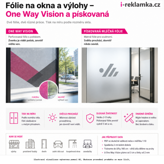 Fólie na okna a výlohy – One Way Vision a pískovaná – Varianty / výhody – AI vizualizace