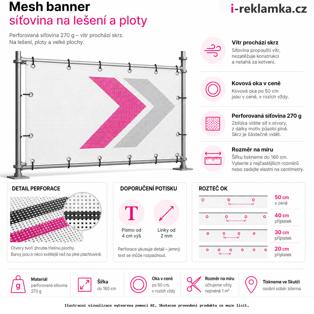 Mesh banner – síťovina na lešení a ploty – Varianty / výhody – AI vizualizace
