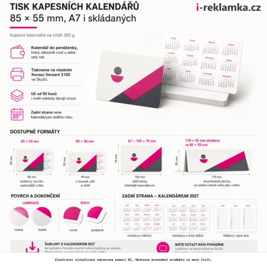 Tisk kapesních kalendářů 85 × 55 mm, A7 i skládaných – Varianty / výhody – AI vizualizace