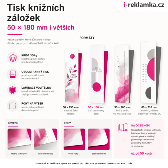 Tisk knižních záložek 50 × 180 mm i větších – Varianty / výhody – AI vizualizace