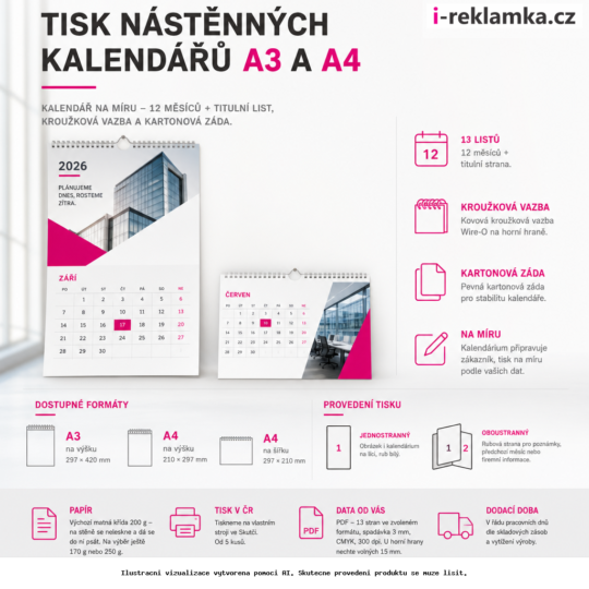 Tisk nástěnných kalendářů A3 a A4 – Varianty / výhody – AI vizualizace