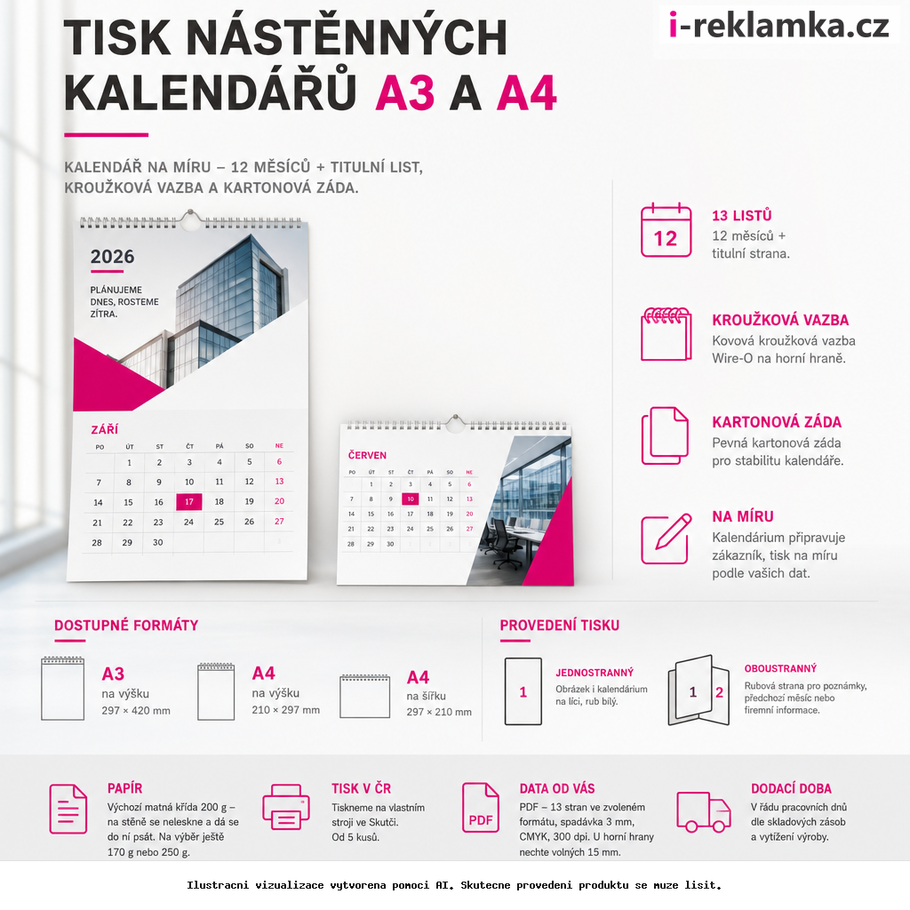 Tisk nástěnných kalendářů A3 a A4 – Varianty / výhody – AI vizualizace