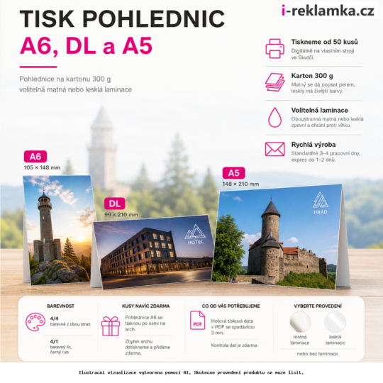Tisk pohlednic A6, DL a A5 – Varianty / výhody – AI vizualizace