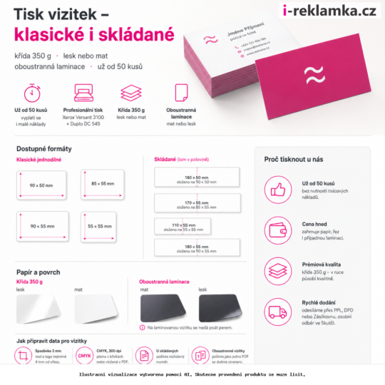 Tisk vizitek – klasické i skládané – Varianty / výhody – AI vizualizace