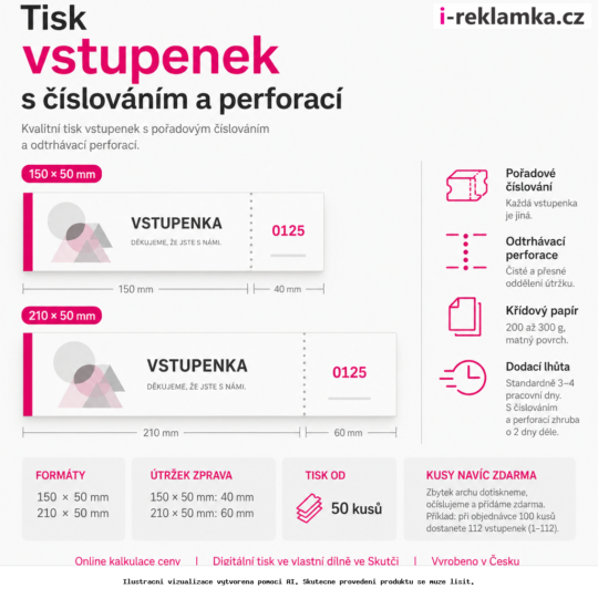 Tisk vstupenek s číslováním a perforací – Varianty / výhody – AI vizualizace