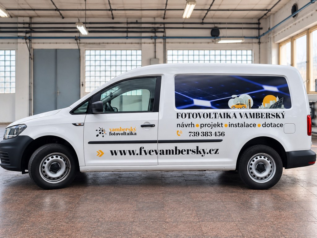 VW Caddy s polepem Fotovoltaika Vamberský