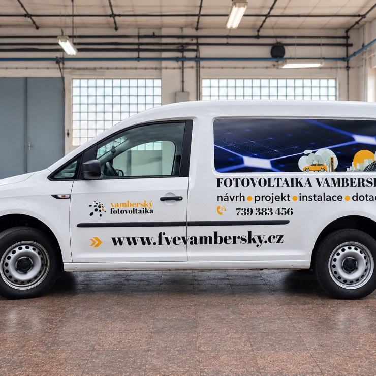 VW Caddy s polepem Fotovoltaika Vamberský