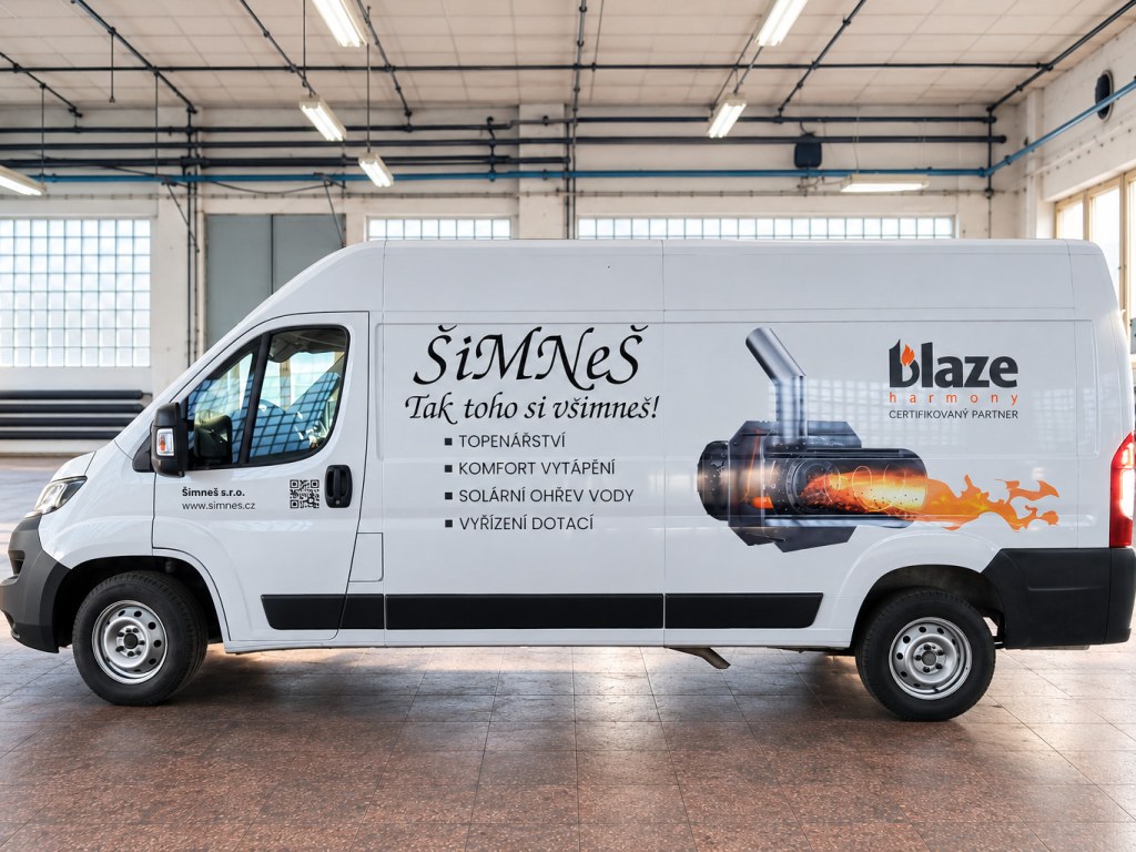 Fiat Ducato s polepem ŠIMNEŠ a kotly Blaze
