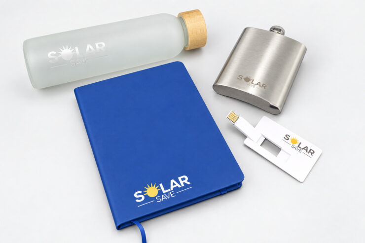 Modrý zápisník a lahev s logem Solar Save
