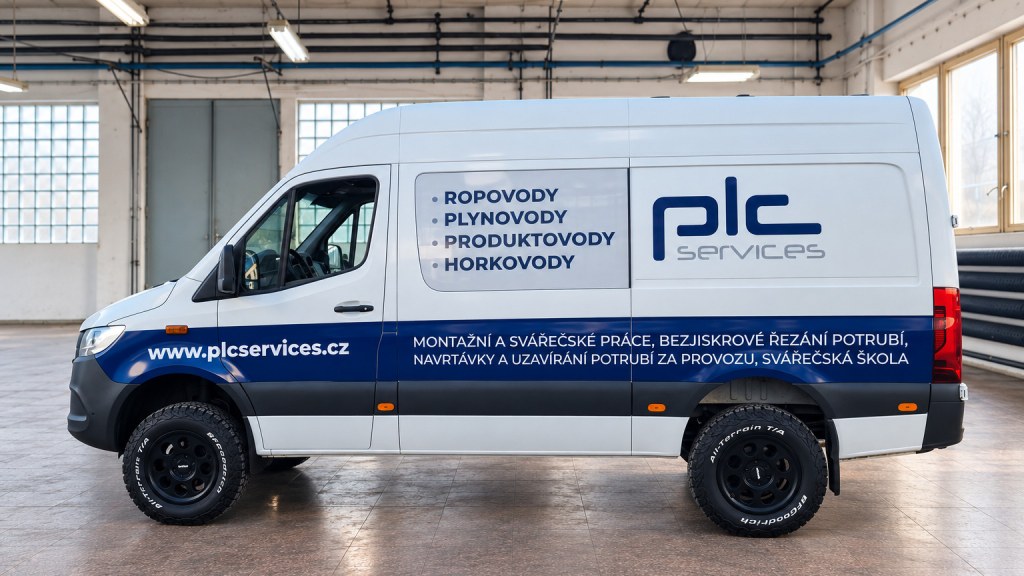 Modrý VW Crafter s polepem plc services