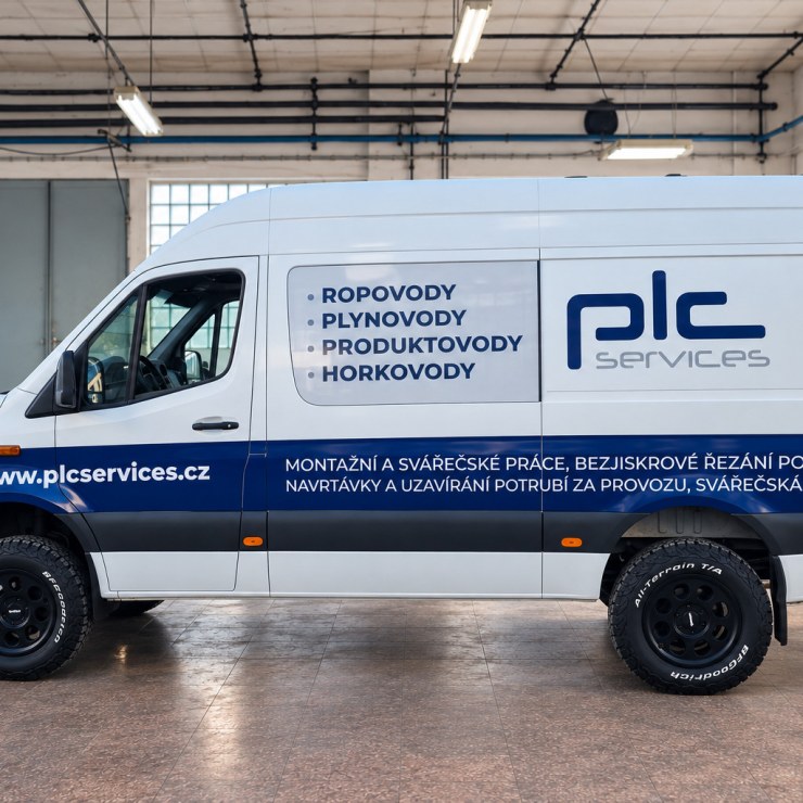 Modrý VW Crafter s polepem plc services