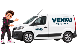 Bílá dodávka s nápisem VENKU-1