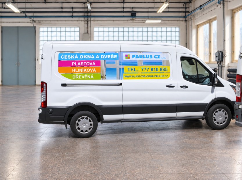 Bílý Ford Transit s polepem PAULUS Česká okna a dveře