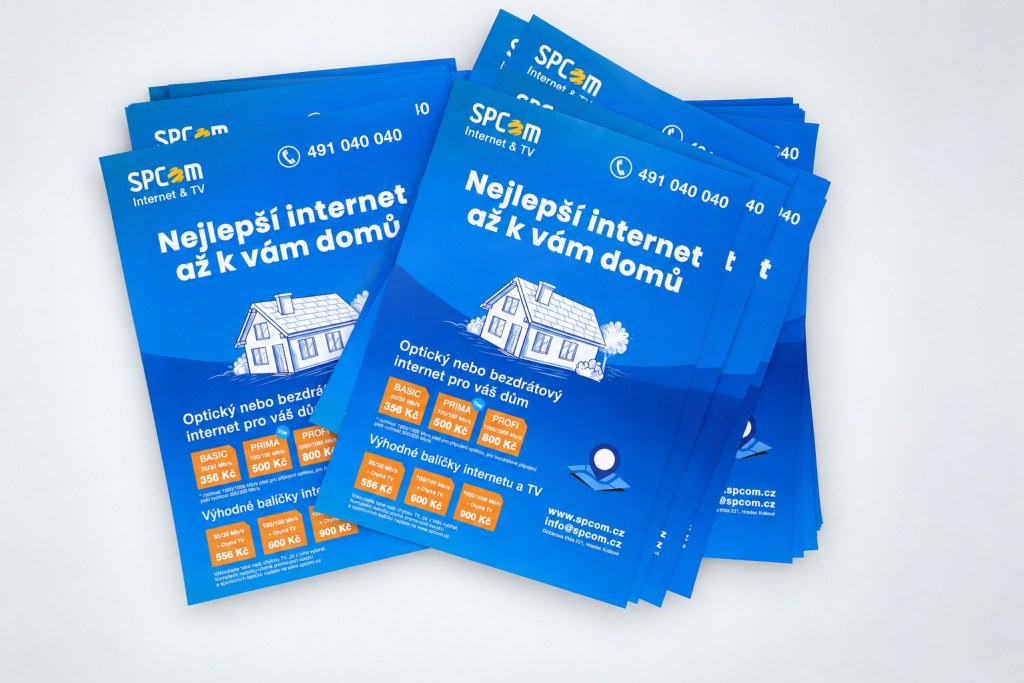 Modré letáky SPCom s nabídkou internetu