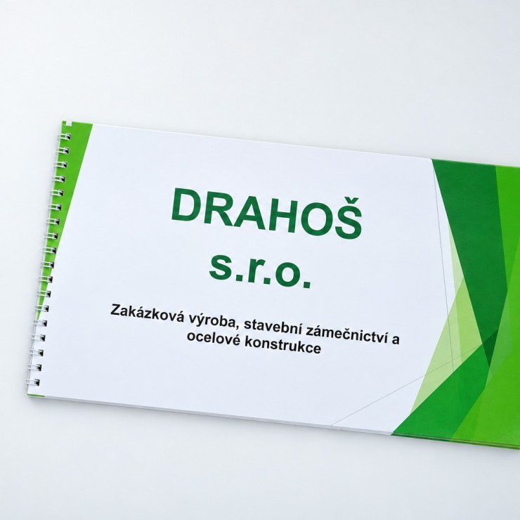Poznámkový blok Drahoš s.r.o. se zelenou grafikou