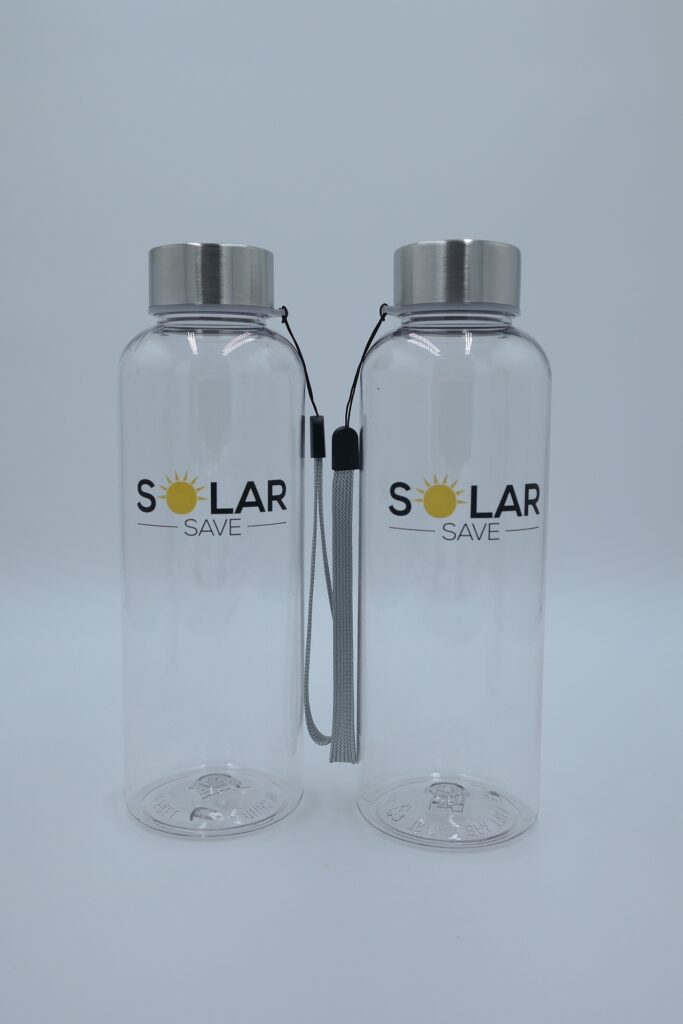 Čiré lahve s barevným logem Solar Save