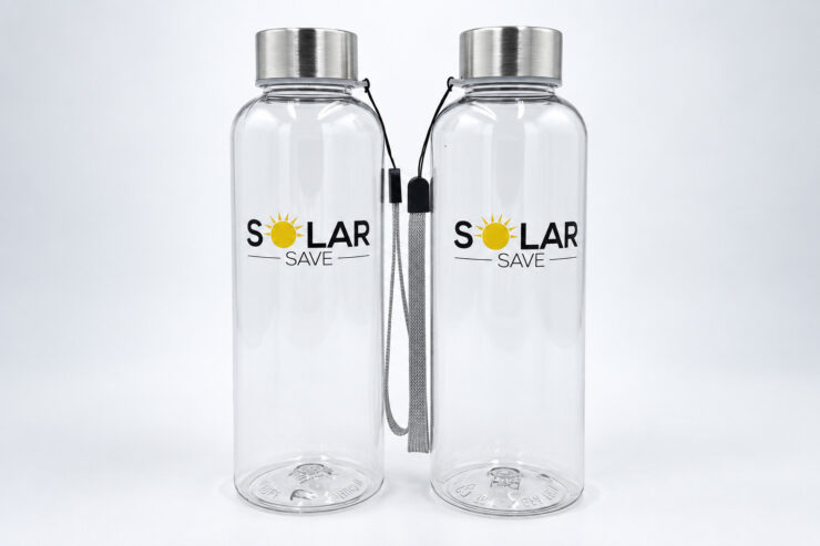 Čiré lahve s barevným logem Solar Save