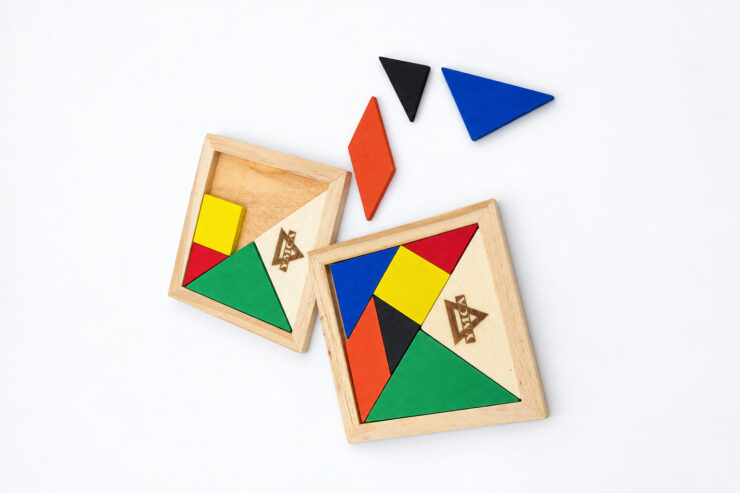 Dřevěný tangram s barevnými dílky
