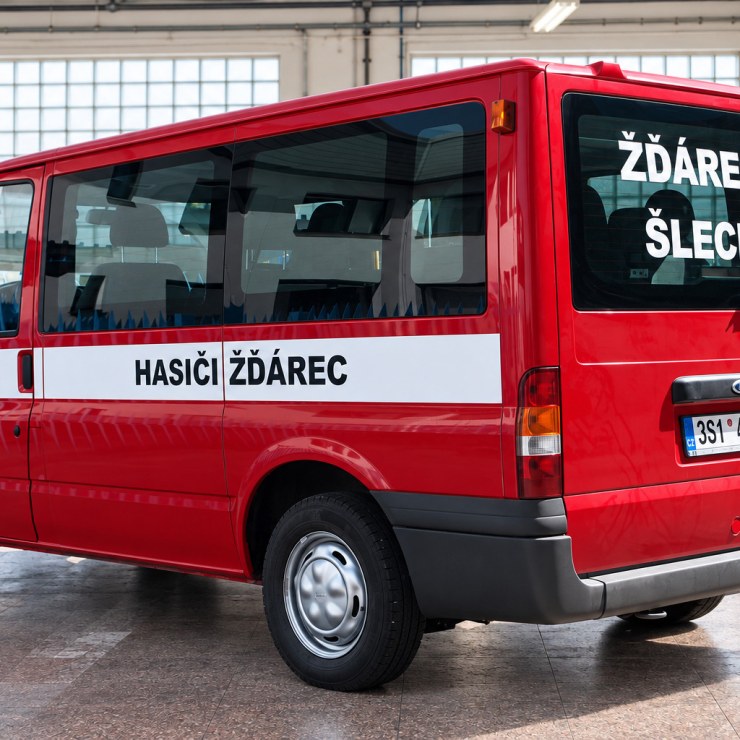 Červený Ford Transit s polepem Hasiči Žďárec